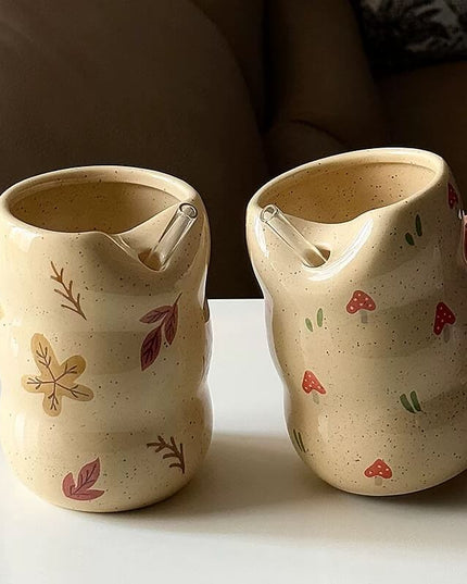 Vintage Travel Ceramic Maple Leaf Straw Mug & Mushroom Straw Cup