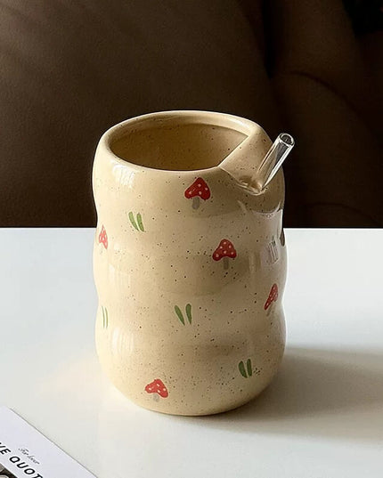 Vintage Travel Ceramic Maple Leaf Straw Mug & Mushroom Straw Cup