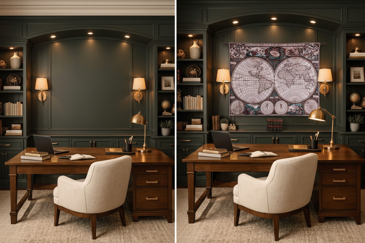 How to Style a Home Office with Vintage Map Wall Art - Old World Map Tapestry Guide