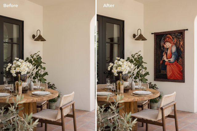 Before vs After — Burne-Jones Angel Flageolet Tapestry, Dining Area