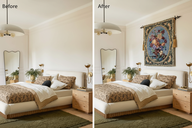 Before vs After — Royal Flowers Rococo Tapestry, Bedroom