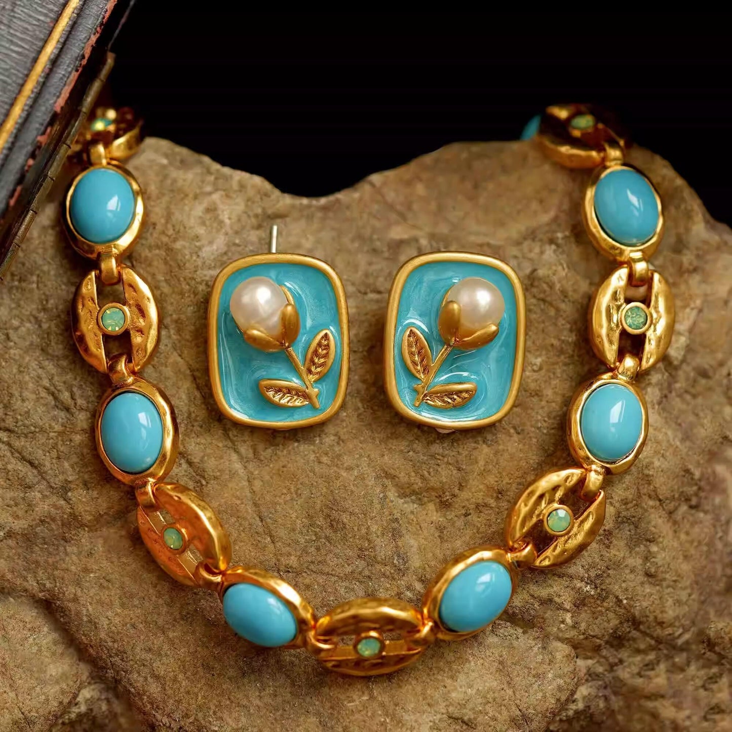 Vintage Turquoise Enamel Pearl Jewelry Set