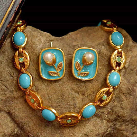 Vintage Turquoise Enamel Pearl Jewelry Set