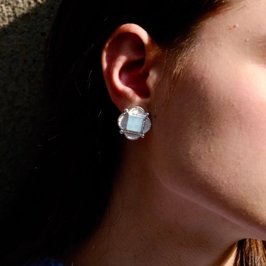 Ice Blue Polar Blue Clover Tartan Earrings