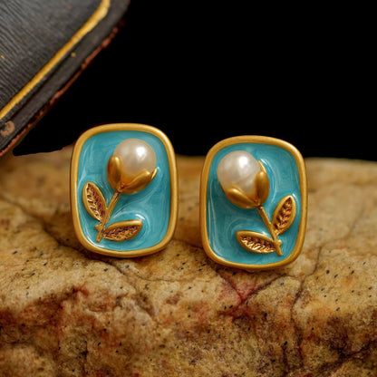 Vintage Turquoise Enamel Pearl Jewelry Set