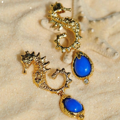 Seahorse Vintage Cameo Earrings Klein Blue