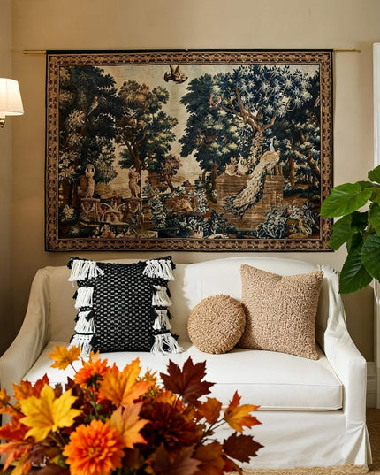 Vintage Handmade Peacock Roman Garden Print Tapestry