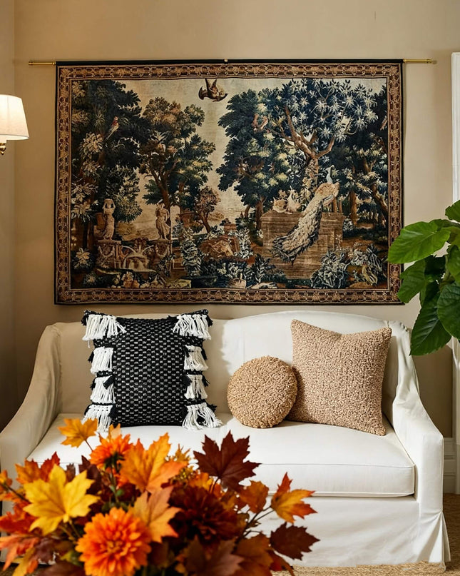 Vintage Handmade Peacock Roman Garden Print Tapestry