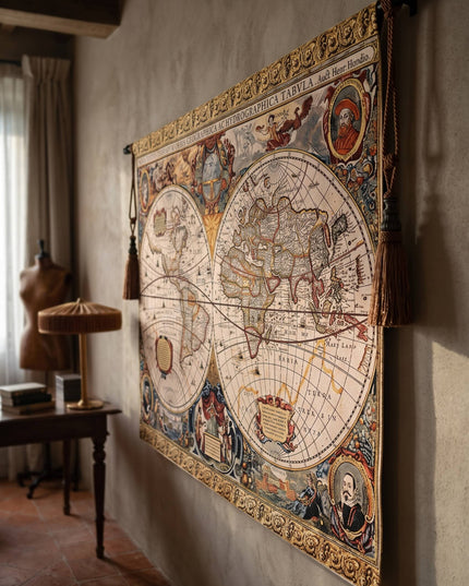 16th Century Antique Map Old World Brown Wall Tapestry - Henricus Hondius II