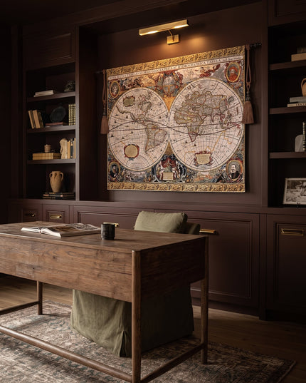 16th Century Antique Map Old World Brown Wall Tapestry - Henricus Hondius II