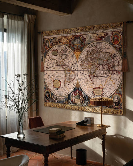 16th Century Antique Map Old World Brown Wall Tapestry - Henricus Hondius II