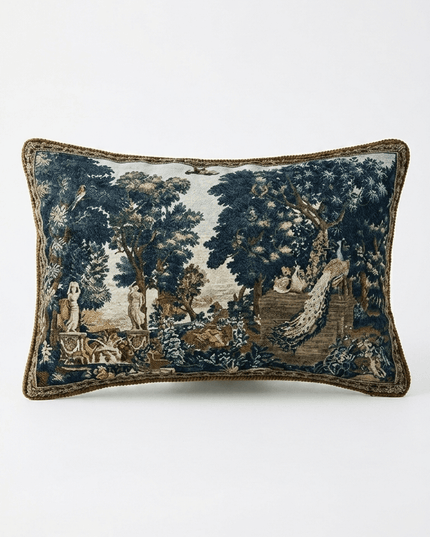 17th-Century Flemish Verdure Tapestry Cushion - Peacock & Fountain
