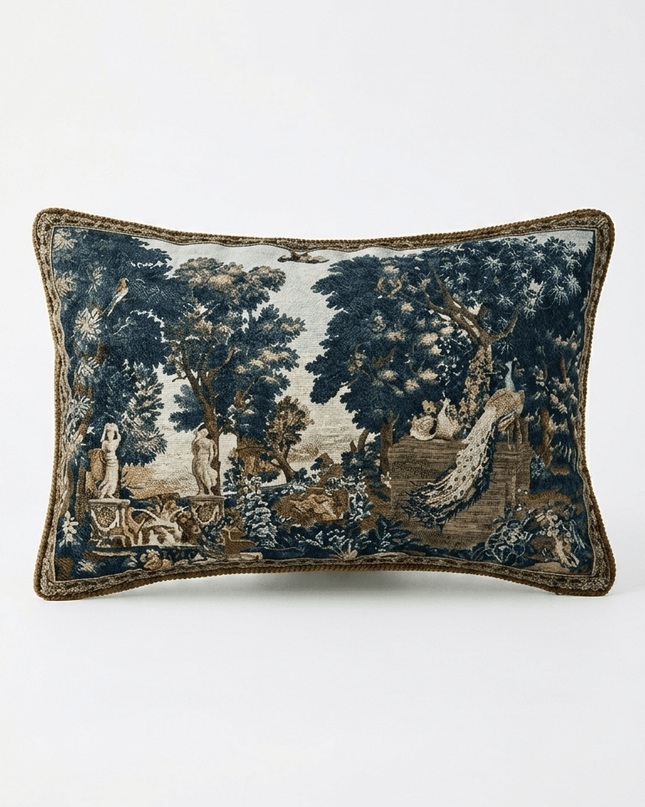 17th-Century Flemish Verdure Tapestry Cushion - Peacock & Fountain