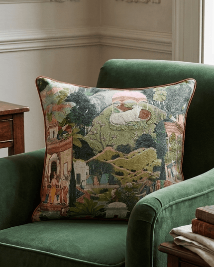 17th-Century Gardens of Jaipur Green Animal Landscape Throw Pillow
