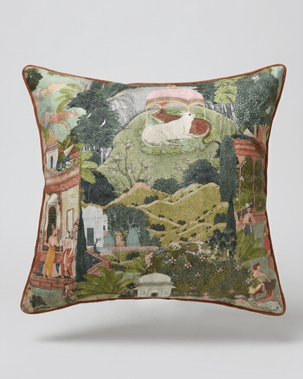 17th-Century Gardens of Jaipur Green Animal Landscape Throw Pillow