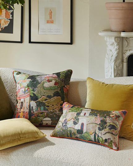 17th-Century Gardens of Jaipur Green Animal Landscape Throw Pillow