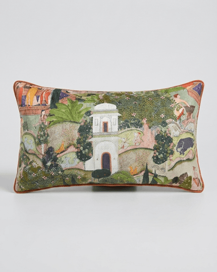 17th-Century Gardens of Jaipur Green Animal Landscape Throw Pillow