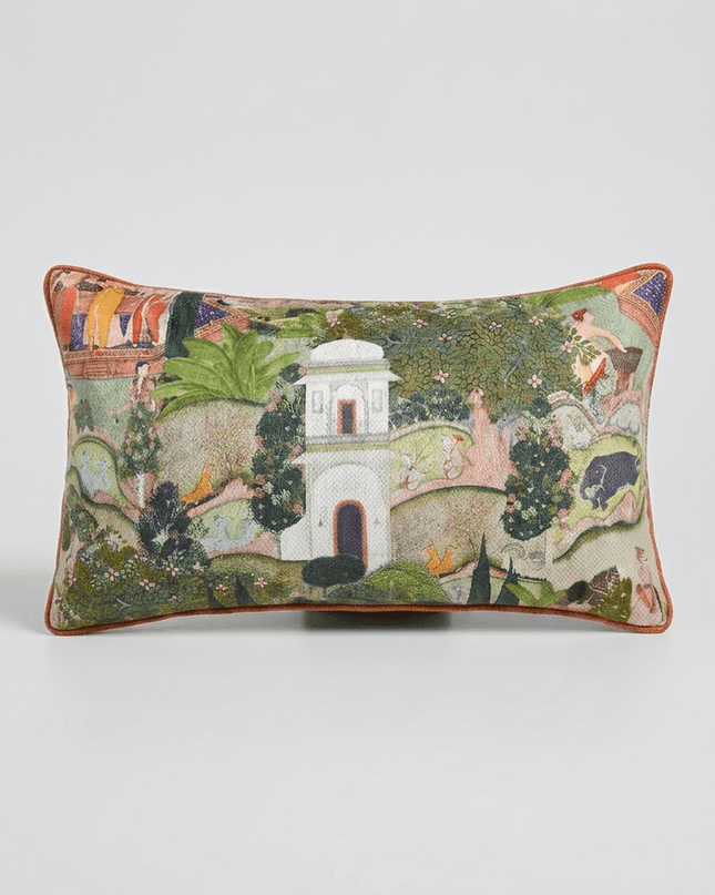 17th-Century Gardens of Jaipur Green Animal Landscape Throw Pillow