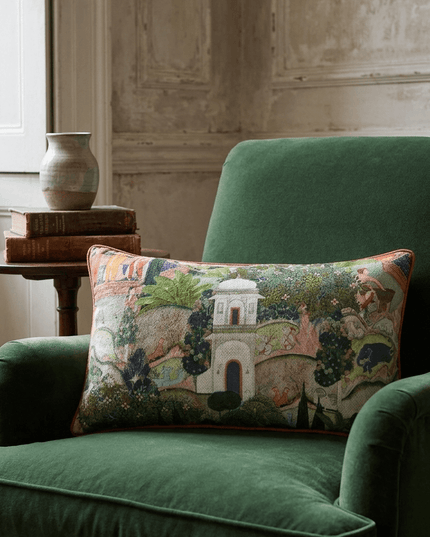 17th-Century Gardens of Jaipur Green Animal Landscape Throw Pillow