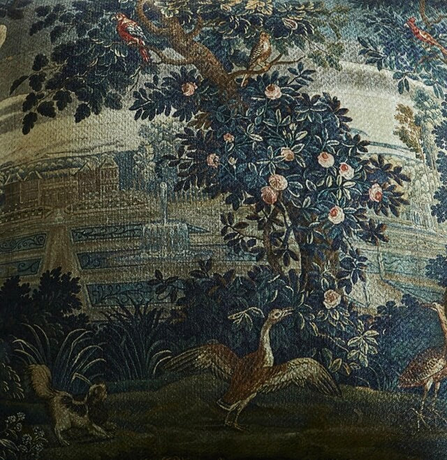 17th-Century Flemish Verdure Tapestry Cushion - Peacock & Fountain
