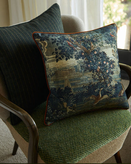 17th-Century Flemish Verdure Tapestry Cushion - Peacock & Fountain