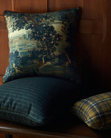 17th-Century Flemish Verdure Tapestry Cushion - Peacock & Fountain