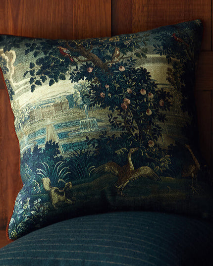 17th-Century Flemish Verdure Tapestry Cushion - Peacock & Fountain