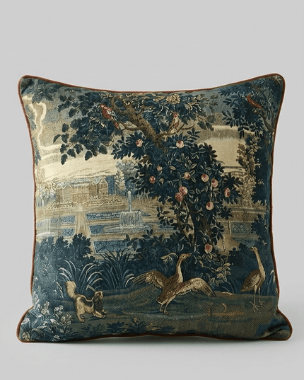 17th-Century Flemish Verdure Tapestry Cushion - Peacock & Fountain