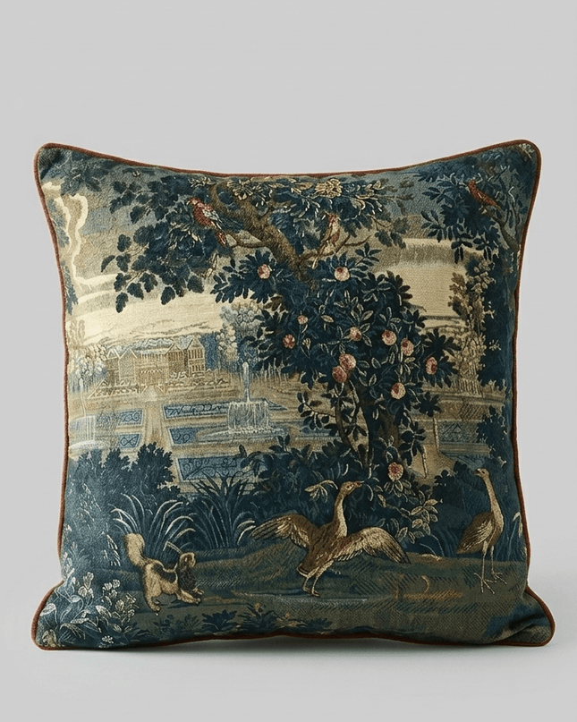 17th-Century Flemish Verdure Tapestry Cushion - Peacock & Fountain