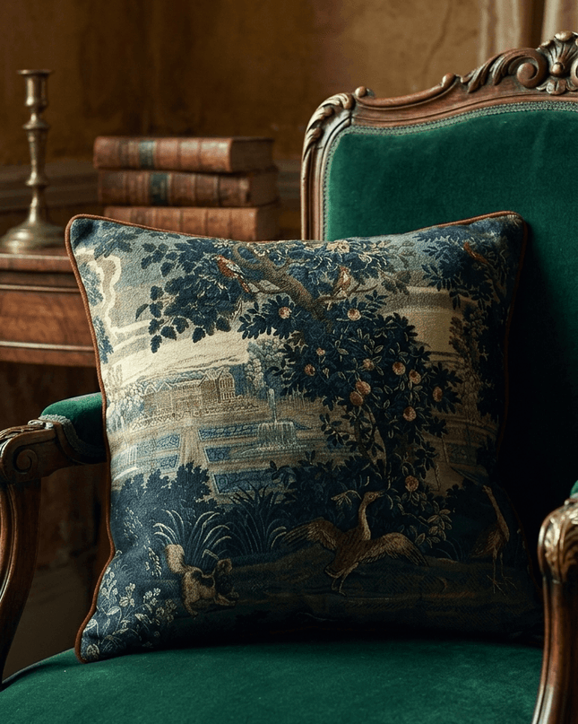 17th-Century Flemish Verdure Tapestry Cushion - Peacock & Fountain