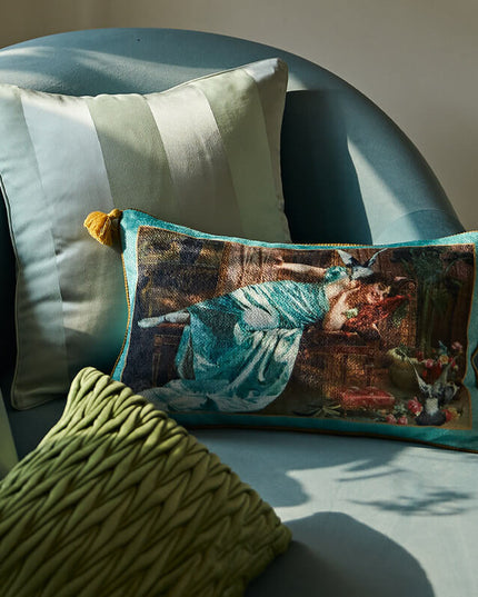 19th Century Fowl Play Velvet Tassels Lumbar Pillow - Vittorio Reggianini