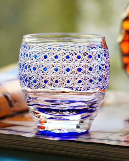 Edo Kiriko  Midnight Blue Starburst Glasss & Wooden Box