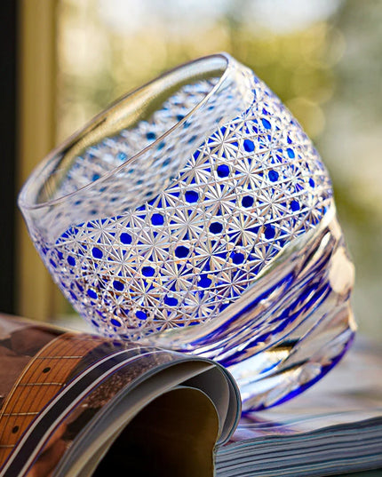 Edo Kiriko  Midnight Blue Starburst Glasss & Wooden Box