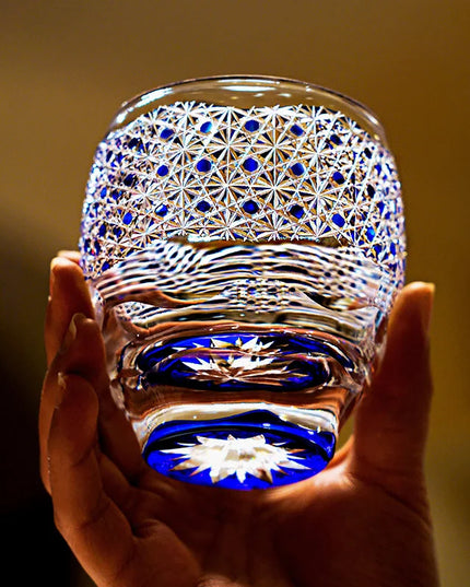 Edo Kiriko  Midnight Blue Starburst Glasss & Wooden Box