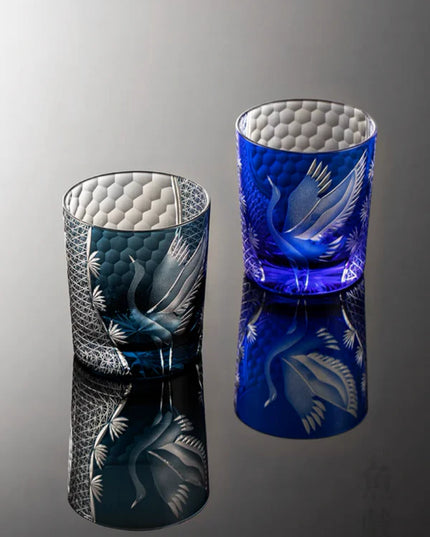Edo Kiriko Whiskey Glass - Hand-Cut Pine & Crane Design