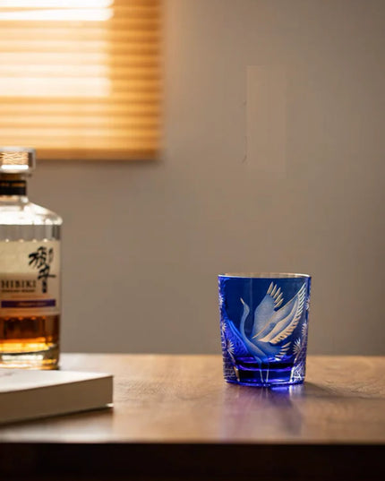 Edo Kiriko Whiskey Glass - Hand-Cut Pine & Crane Design
