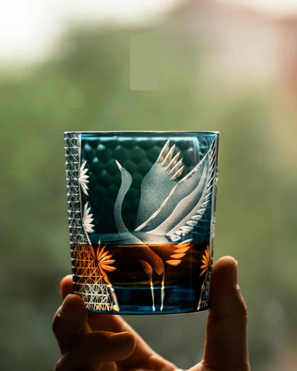 Edo Kiriko Whiskey Glass - Hand-Cut Pine & Crane Design