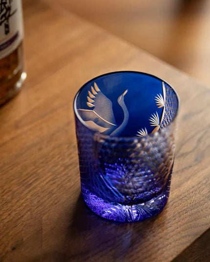 Edo Kiriko Whiskey Glass - Hand-Cut Pine & Crane Design