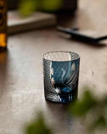 Edo Kiriko Whiskey Glass - Hand-Cut Pine & Crane Design
