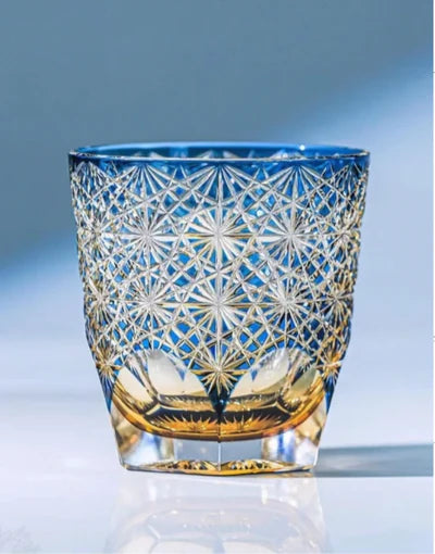 Edo Kiriko Handcrafted Crystal Glass - Blue Daisy Pattern