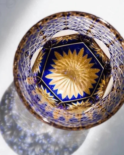 Edo Kiriko Handcrafted Crystal Glass - Blue Daisy Pattern