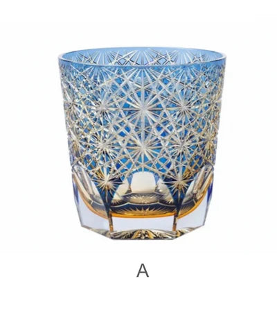 Edo Kiriko Handcrafted Crystal Glass - Blue Daisy Pattern