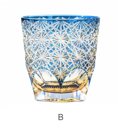 Edo Kiriko Handcrafted Crystal Glass - Blue Daisy Pattern