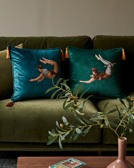 20th Century Trapeze Artist Girl&Boy  Velvet Fringe Cushion