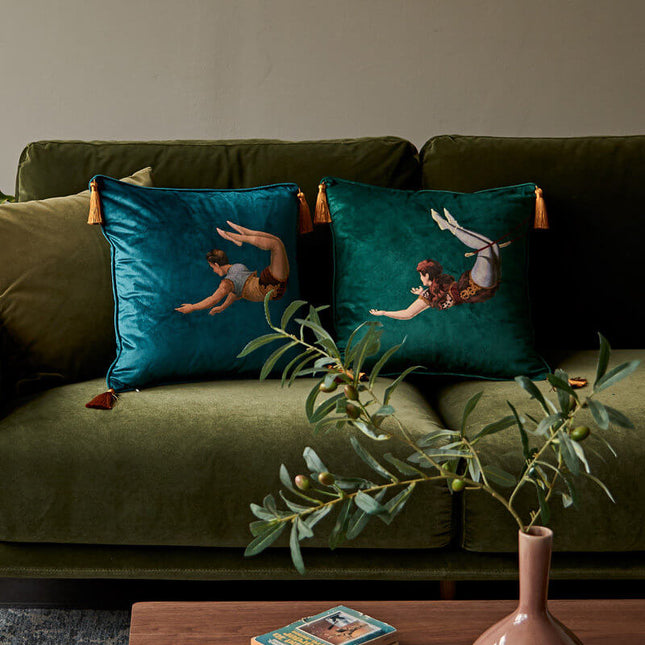 20th Century Trapeze Artist Girl&Boy  Velvet Fringe Cushion