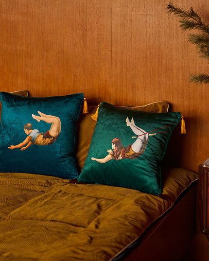 20th Century Trapeze Artist Girl&Boy  Velvet Fringe Cushion