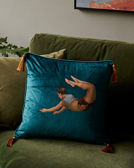 20th Century Trapeze Artist Girl&Boy  Velvet Fringe Cushion