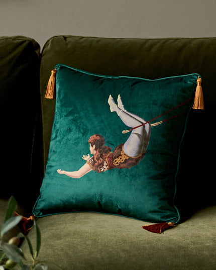 20th Century Trapeze Artist Girl&Boy  Velvet Fringe Cushion