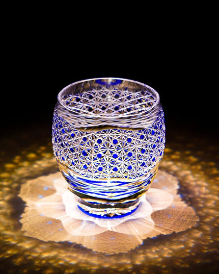 Edo Kiriko  Midnight Blue Starburst Glasss & Wooden Box