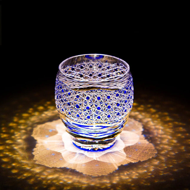 Edo Kiriko  Midnight Blue Starburst Glasss & Wooden Box